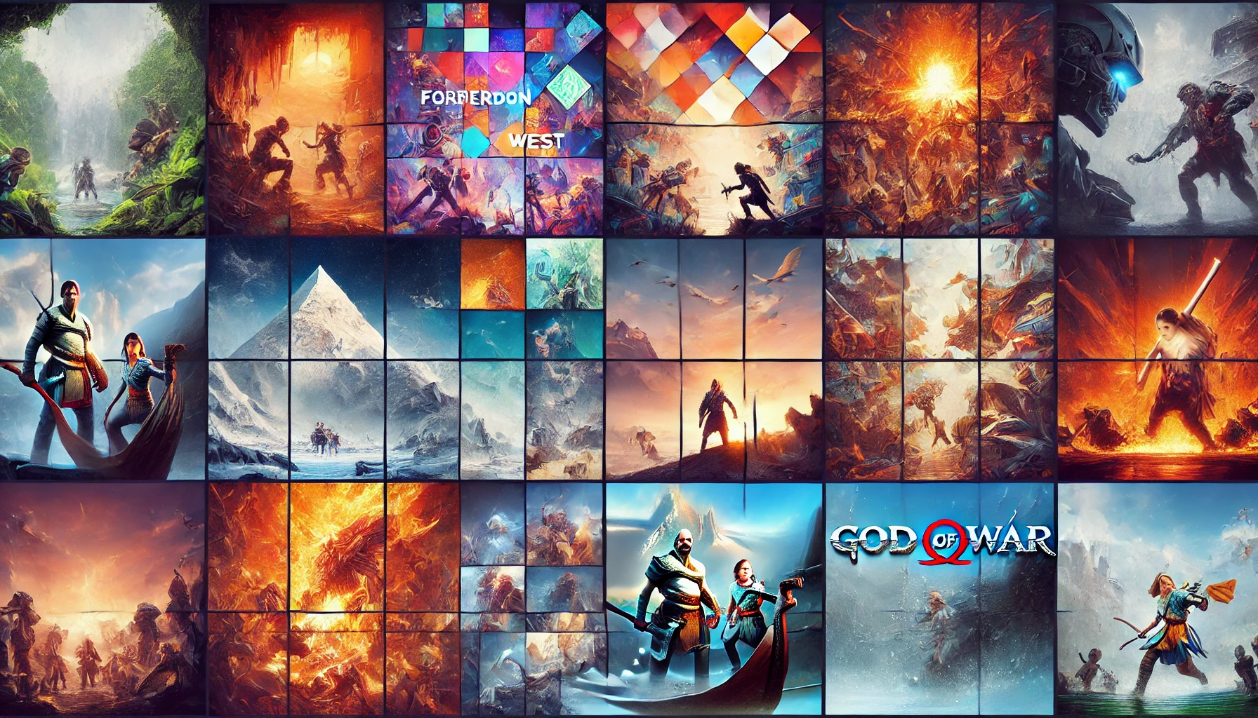 Home screen background image, showing scenes from different fictional games, like god of war, horizon forbidden west, and more.