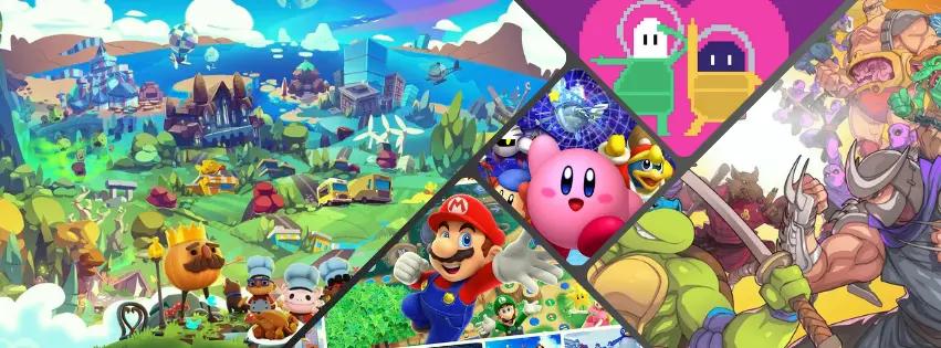 Banner image showing a collage of 4 player coop switch games like overcooked, super mario, Kirby, TMNT and Lovers in a Dangerous Spacetime