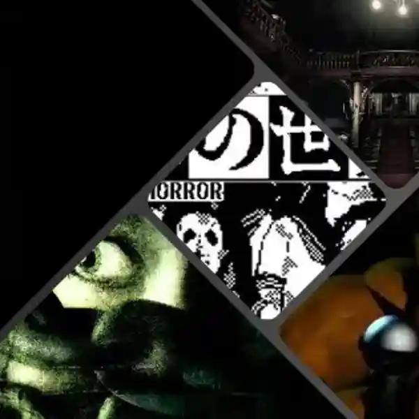 Collage of perfect low-end horror games like World of Horror, Five nights at Freddy's, Resident Evil, Darkwood and Condemned: Criminal Origins