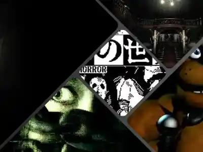Collage of perfect low-end horror games like World of Horror, Five nights at Freddy's, Resident Evil, Darkwood and Condemned: Criminal Origins
