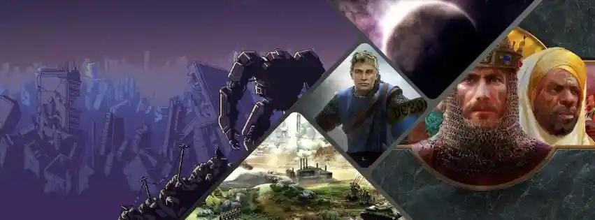 Collage of some of the best strategy games for low-end PC's, like Into the Breach, Civilization V, Crusader Kings II, Age of Empires II and FTL: faster then light.