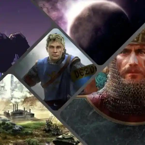 Collage of some of the best strategy games for low-end PC's, like Into the Breach, Civilization V, Crusader Kings II, Age of Empires II and FTL: faster then light.