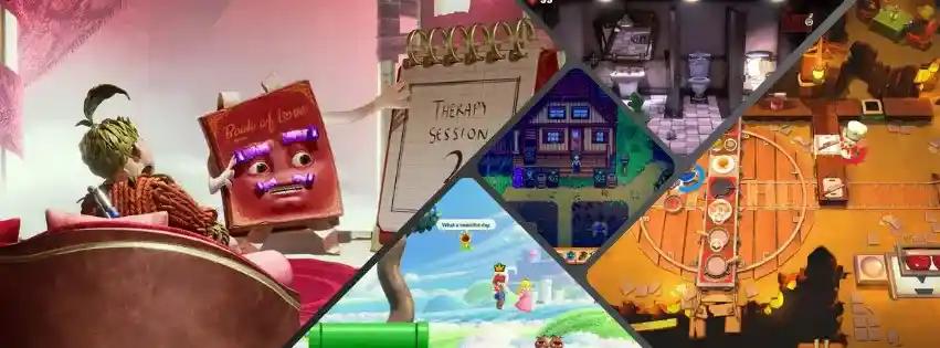 Banner image showing a collage of the top switch games for couples, including It Takes Two, Super Mario 3D, Stardew Valley, Luigis Mansion 3 and Overcooked! 2