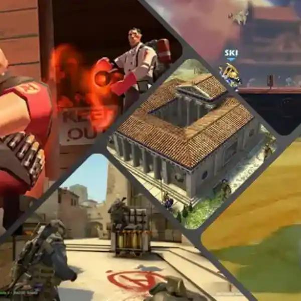 Banner image showing screenshots from multiple free lan party games, like Team Fortress 2 or Brawlhalla