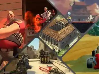 Banner image showing screenshots from multiple free lan party games, like Team Fortress 2 or Brawlhalla