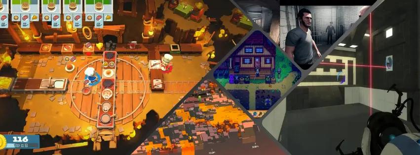 A vibrant thumbnail image showing elements from different co-op games, including Overcooked! 2 and Stardew valley