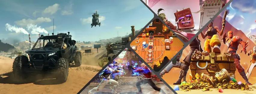 Collage of multiplayer PS5 game scenes featuring Call of Duty Warzone, Fortnite, Overcooked, Streetfighter and It Takes Two
