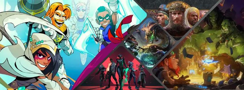 Banner image showing a collage of games like Brawlhalla, Valorant, League of Legends, Hearthstone and Age of Empire II