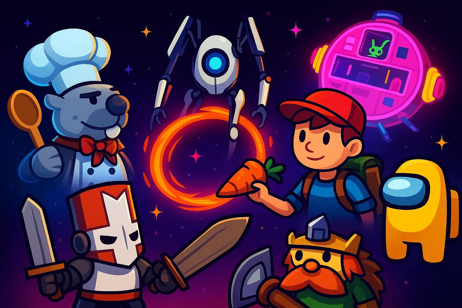 A vibrant banner image showing elements from different co-op games, including Overcooked! 2 and Stardew valley