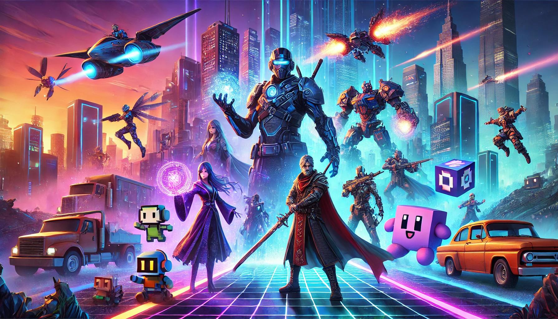 A vibrant banner image displaying fictional characters and vehicles from video games