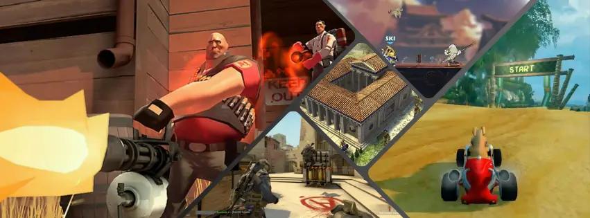 Banner image showing screenshots from multiple free lan party games, like Team Fortress 2 or Brawlhalla