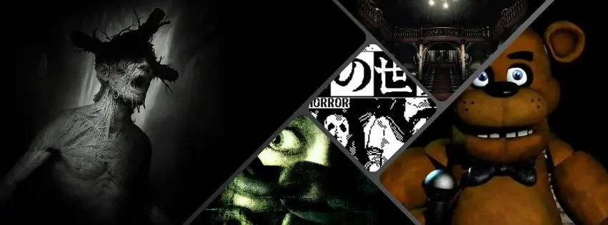 Collage of perfect low-end horror games like World of Horror, Five nights at Freddy's, Resident Evil, Darkwood and Condemned: Criminal Origins