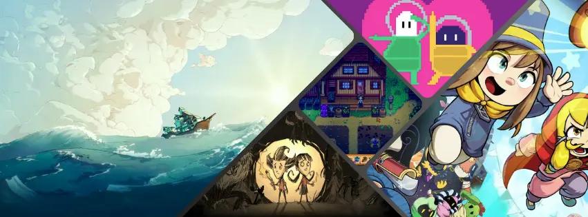 Banner image for the article showing a collage with the games Spitfarer, Stardew Valley, A Hat in Time, Lovers in a Dangerous Spacetime and Don't Starve Together