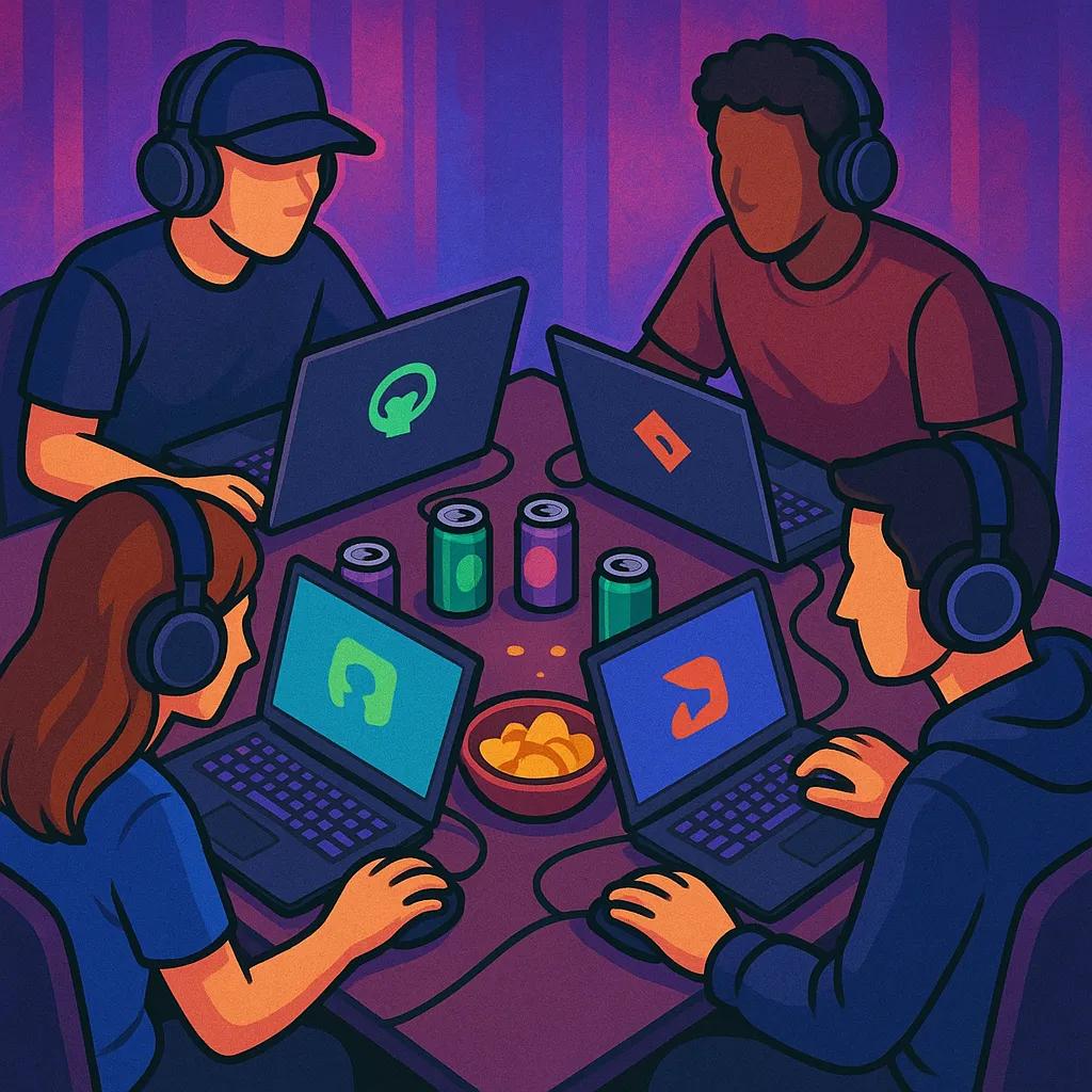 Four gamers playing at a neon-lit LAN party on laptops around a square table, with energy drinks and chips in the center.