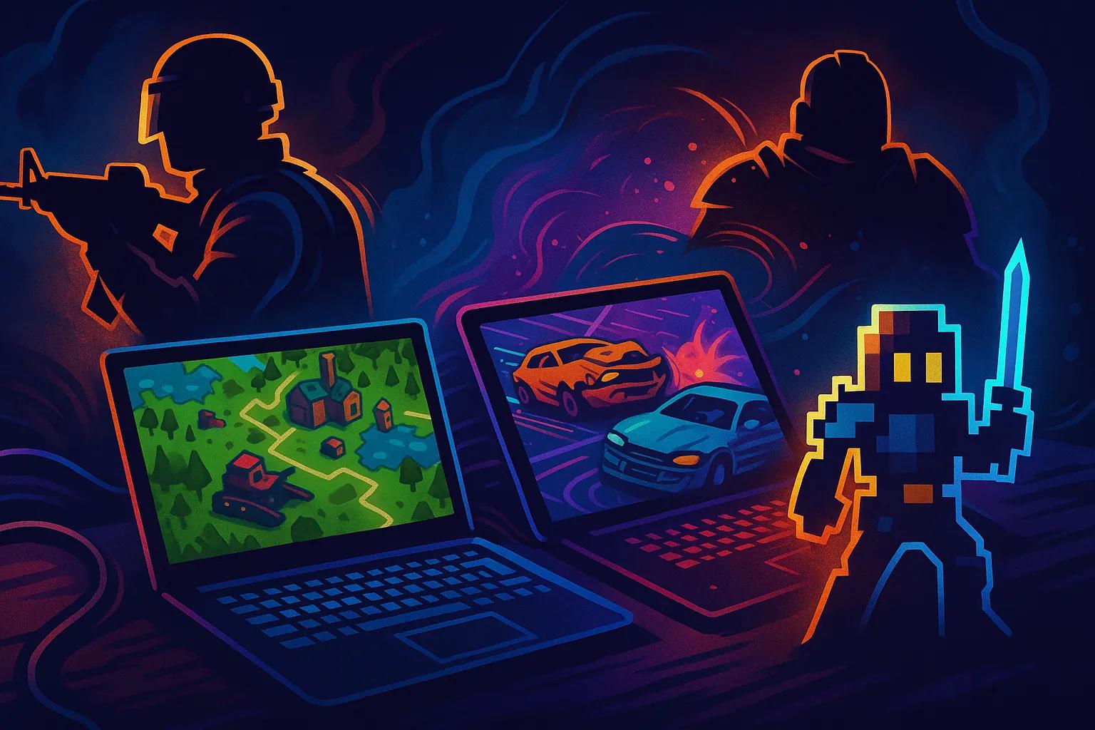 Stylized digital illustration of LAN party gameplay featuring characters from shooter, strategy, and racing games with a dark background and neon highlights.