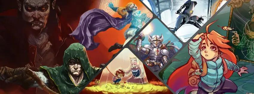 Banner image showing a collage of games like Vampire Survivors, Portal 2, Undertale and Slay the Spire