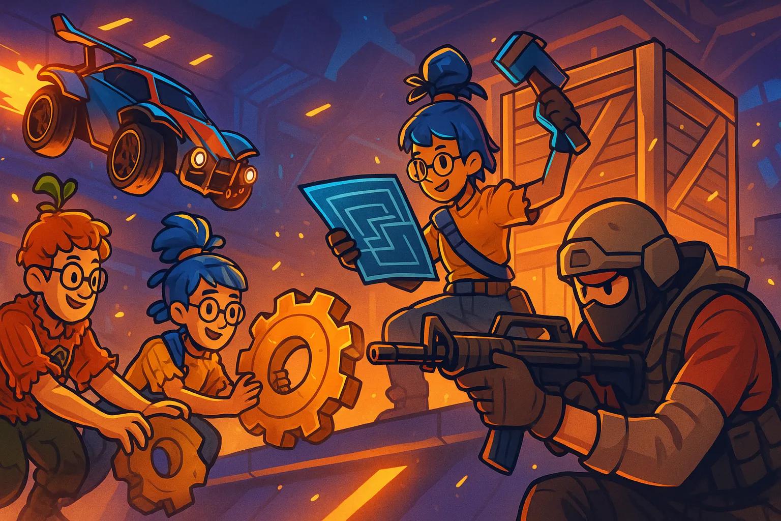 Illustrated collage of multiplayer PS5 game scenes featuring competitive and cooperative gameplay across various genres, set against a dynamic, semi-realistic background with vibrant colors.
