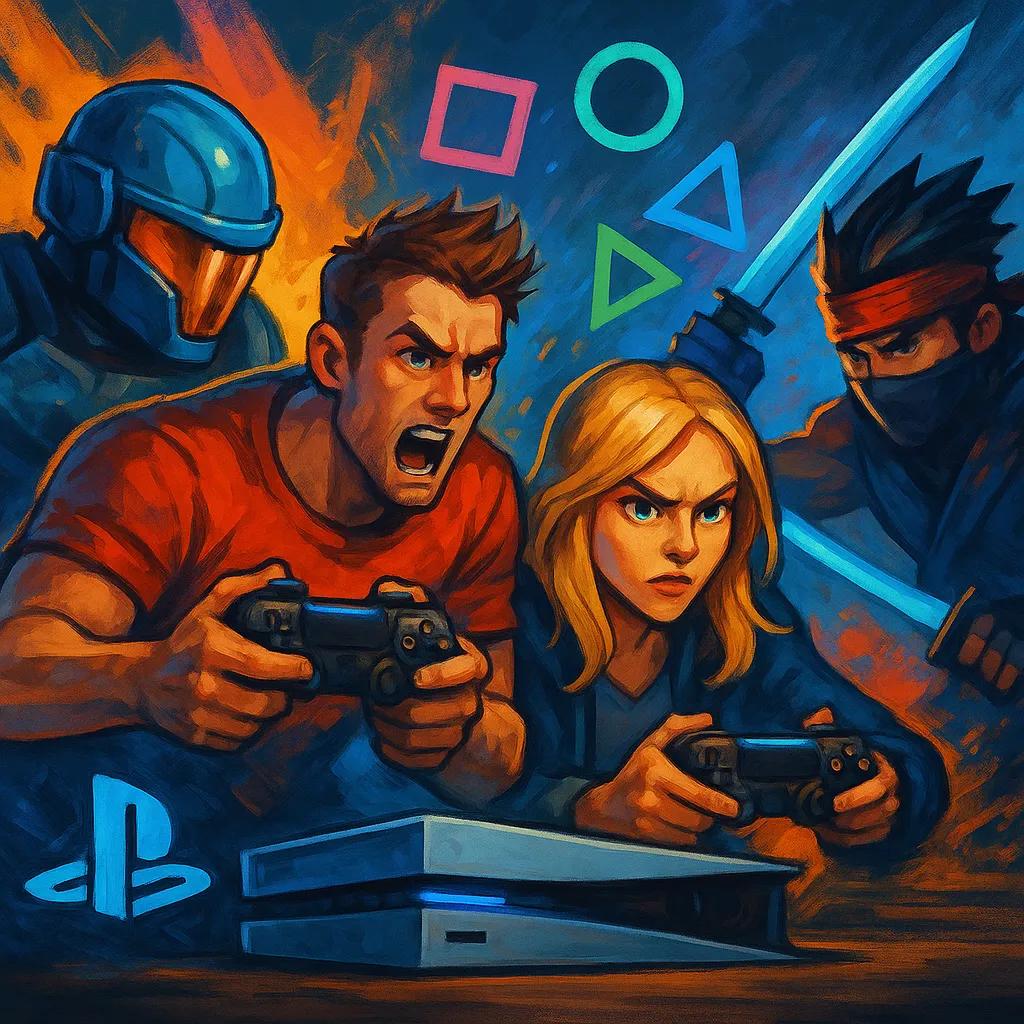 Stylized 1:1 illustration representing the best multiplayer PS5 games of 2025, with abstract characters and icons suggesting online battles, couch co-op, and cross-platform play.
