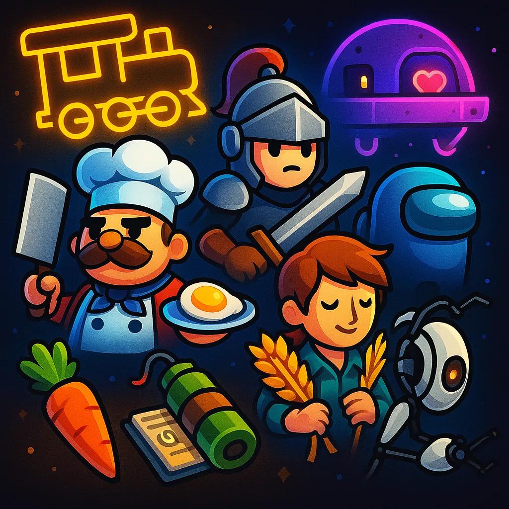 A vibrant thumbnail image showing elements from different co-op games, including Overcooked! 2 and Stardew valley