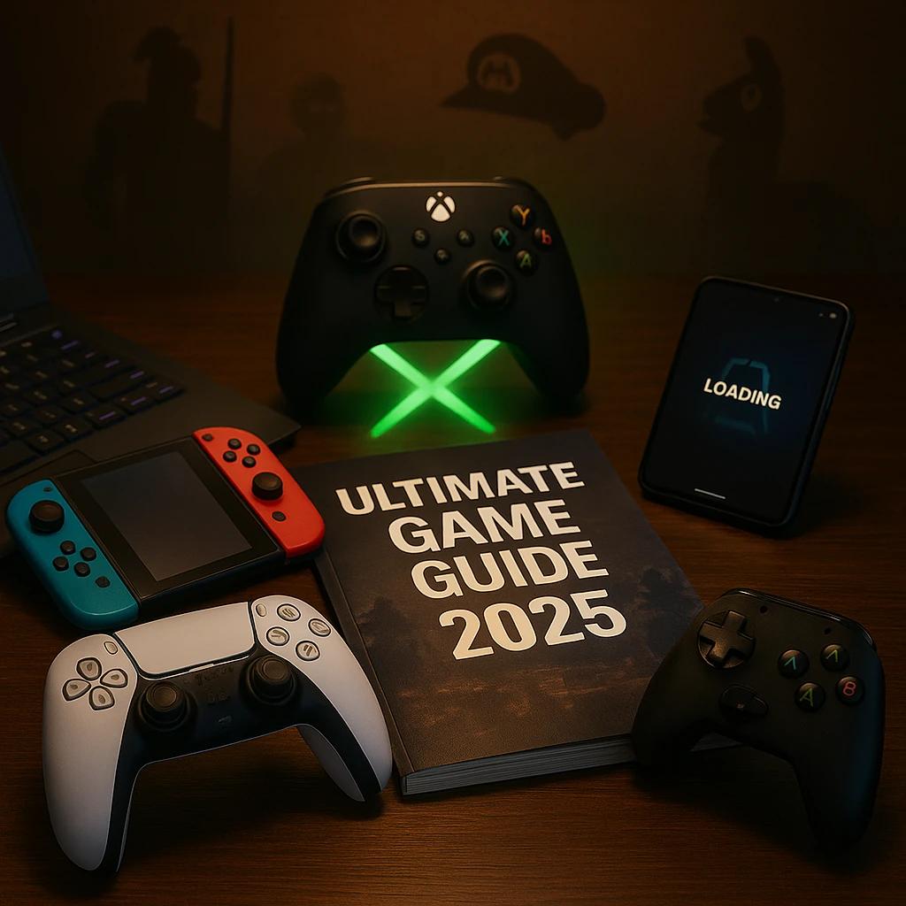 Square thumbnail for ‘Ultimate Game Recommendations Guide 2025’ showing a PS5 DualSense, Xbox controller, Nintendo Switch, laptop, and smartphone on a wooden desk with faint game-character silhouettes in the background.