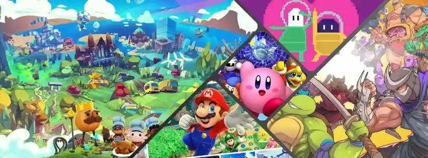 Thumbnail image showing a collage of 4 player coop switch games like overcooked, super mario, Kirby, TMNT and Lovers in a Dangerous Spacetime