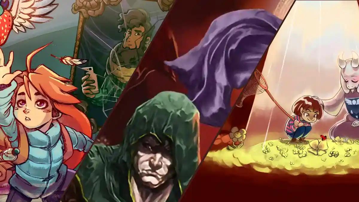 Collage of some of the best indie games suited for low-end PC's like Stardew Valley, Vampire Survivors, Celeste and Balatro