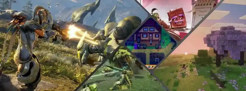 Collage of the top Nintendo Switch online co-op games, including Warframe, Monter Hunter Rise, Stardew Valley, It Takes Two and Minecraft.