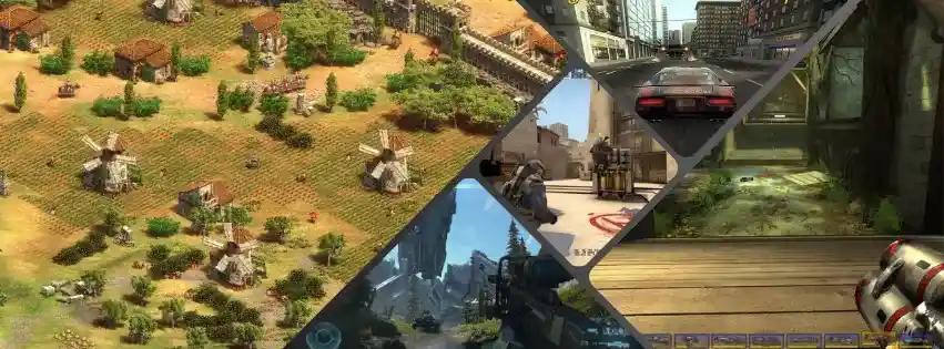 Collage showing gameplay from top LAN party games, like age of empires, Unreal Tournament, Flatout, Counter Strike and Halo